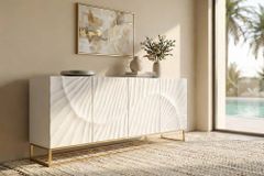 Massives Sideboard SCORPION 180cm weiß Mangoholz gold Metall 3D-Schnitzereien