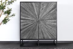 Massives Highboard BARRACUDA 120cm grau Mangoholz mit Teakholz-Front schwarz Metall