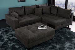 Modernes Ecksofa KENT 220cm dunkelgrau Cord inklusive Hocker Federkern Wohnlandschaft