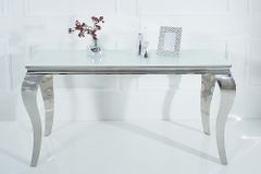 Eleganter Konsolentisch MODERN BAROCK 145cm weiß Edelstahlbeine Opalglas