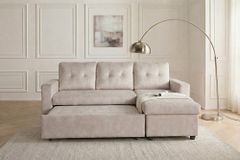 Ecksofa mit Schlaffunktion APARTMENT beidseitig aufbaubar champagner beige Samt inkl. Stauraum