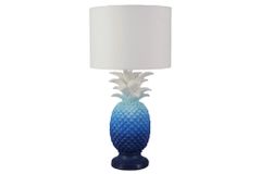 Handgefertigte Tischlampe PINEAPPLE 50cm blau weiß Ananas-Design mit Stoffschirm