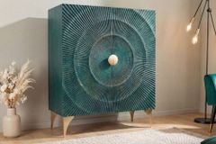 Massives Highboard GOLDEN SUNSET 120cm türkis gold Mangoholz mit 3D Schnitzereien