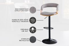 Retro Barhocker MANHATTAN grau Strukturstoff Eschenholz drehbar höhenverstellbar
