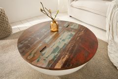 Design Couchtisch JAKARTA 70cm weiß Massivholz rund aus recycelten Fischerbooten mit Stauraum