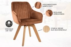 Drehbarer Design Stuhl LIVORNO rost braun Samt Buchenholz Beine mit Armlehnen