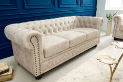 Chesterfield 3-Sitzer Sofa 200cm champagner beige Samt Federkern Knopfheftung