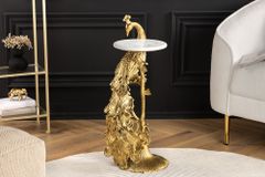 Runder Beistelltisch WILDLIFE PEACOCK 75cm gold antik weiß Metall Marmor Pfauen-Skulptur
