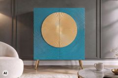Massives Highboard AURUM 120cm türkis Mangoholz mit ikonischem Gold-Element