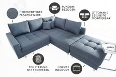 Moderne Wohnlandschaft KENT 220cm anthrazit Ecksofa Federkern inkl. Hocker und Kissen