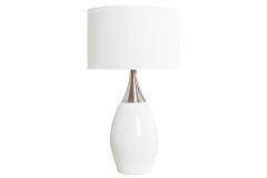 Moderne Tischlampe CARLA 60cm weiß silber mit Leinenschirm