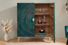 Massives Highboard GOLDEN SUNSET 120cm türkis gold Mangoholz mit 3D Schnitzereien