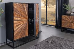 Massives Highboard BARRACUDA 120cm braun Mangoholz mit Teakholz-Front schwarz Metall