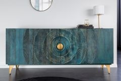 Handgearbeitetes Sideboard GOLDEN SUNSET 180cm türkis gold Mangoholz Metallbeine