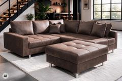 Modernes Ecksofa KENT 220cm braun Federkern Wohnlandschaft inkl. Hocker und Kissen