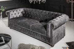 Chesterfield 3-Sitzer Sofa 205cm grau Samt Federkern Knopfheftung