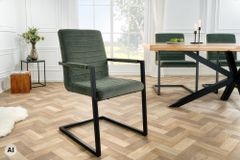 Industrial Freischwinger LOFT grün Cord schwarz Eisen mit Armlehne