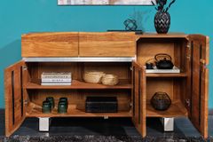 Massivholz Sideboard MAMMUT 135cm Akazie Kommode mit Schubladen Baumkante Edelstahl