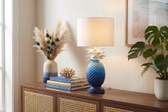 Handgefertigte Tischlampe PINEAPPLE 50cm blau weiß Ananas-Design mit Stoffschirm
