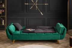 Retro Schlafsofa BOUTIQUE 215cm smaragdgrün Samt 3-Sitzer mit goldenen Füßen