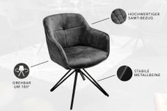 Drehbarer Design Stuhl EUPHORIA dunkelgrau Samt mit Armlehne Metallgestell schwarz