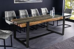 Design Glas Esstisch BARRACUDA 220cm natur Teak Massivholz schwarz Kufengestell