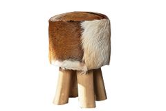 Design Sitzhocker HIDE 45cm braun weiß mit Ziegenfell und Teakholz