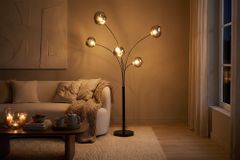 Design Stehlampe LIQUID DIAMOND 200cm schwarz smoke grau fünf Glasschirme mit Marmorfuß