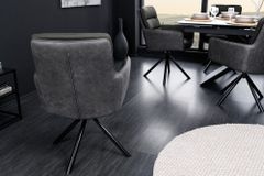 Drehbarer Stuhl BIG GEORGE grau Echtleder Microfaser mit Armlehne schwarze Metallbeine