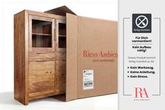 Massives Highboard PURE 140cm braun Sheesham stone finish Vitrine Palisander