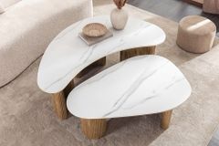 2er Set Couchtische OSAKA 120cm weiß Marmor Keramik natur Eiche