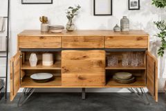 Massivholz Sideboard LIVING EDGE 160cm Wildeiche Metall schwarz Baumkante mit Schubladen
