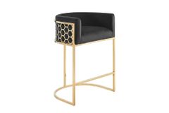 Stilvoller Barhocker ELEGANCE schwarz Samt gold Edelstahl mit Armlehne und Fußablage