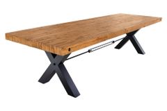 Massivholz Esstisch THOR 300cm vintage braun Pinie recycelt Industrial Design Eisen X-Gestell