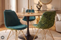 Design Stuhl SCANDINAVIA MEISTERSTÜCK grün Chenille gold Metall Monstera-Blatt