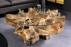 Runder Couchtisch ROOT 100cm natur Teak Massivholz aus Wurzelholz mit Glasplatte