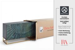 Massives Sideboard SCORPION 180cm türkis Mangoholz gold Metall 3D Schnitzereien