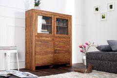 Massives Highboard PURE 140cm braun Sheesham stone finish Vitrine Palisander