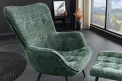 Design Sessel SCANDINAVIA grün Chenille Cremona schwarz Metall mit Armlehne