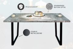 Moderner Esstisch LOFT 160cm grau Beton-Design schwarze Metallbeine Kufengestell Industrial