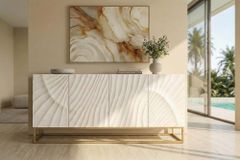 Massives Sideboard SCORPION 180cm weiß Mangoholz gold Metall 3D-Schnitzereien
