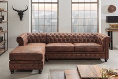 Design Ecksofa CHESTERFIELD 270cm antik braun Microfaser Federkern Ottomane links Vintage