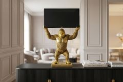 Handgefertigte Tischlampe KING APE 70cm schwarz gold Stoffschirm Affen-Skulptur