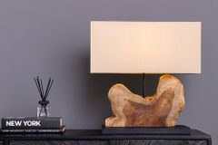 Handgefertigte Tischlampe HYPNOTIC 50cm natur Teakholz beige mit Leinenschirm