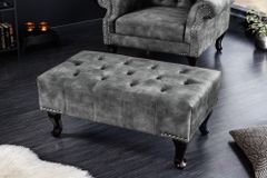 Design Sitzhocker CHESTERFIELD 80cm grau Samt Knopfheftung Nietenbesatz