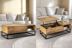 Höhenverstellbarer Couchtisch MAKASSAR FUNCTION 110cm natur cream finish Mangoholz massiv
