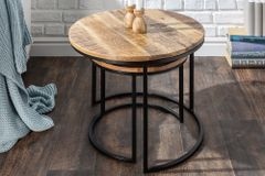 Industrial 2er Set Beistelltische ELEMENTS 60cm Mangoholz massiv rund schwarzes Metallgestell