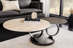 Design Couchtisch DANCING RINGS rost rund drehbar Travertin Keramik schwarz Gestell