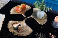 Dekoratives Schalen 3er Set GINKGO 30cm gold handmade Metall