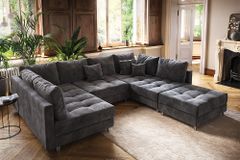 Moderne XXL Wohnlandschaft KENT 305cm grau Samt Bigsofa inkl. Hocker Federkern
